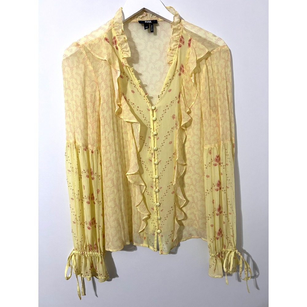 PAIGE Blouse Women XS Yellow Floral 100% Silk Ruffle V-Neck Sheer Boho Romantic